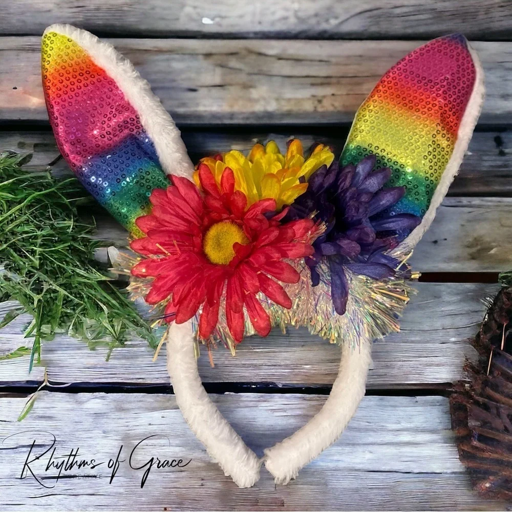 Rainbow Easter Bunny Ears - Rabbit Ears, Handmade Headpiece, Easter Headband